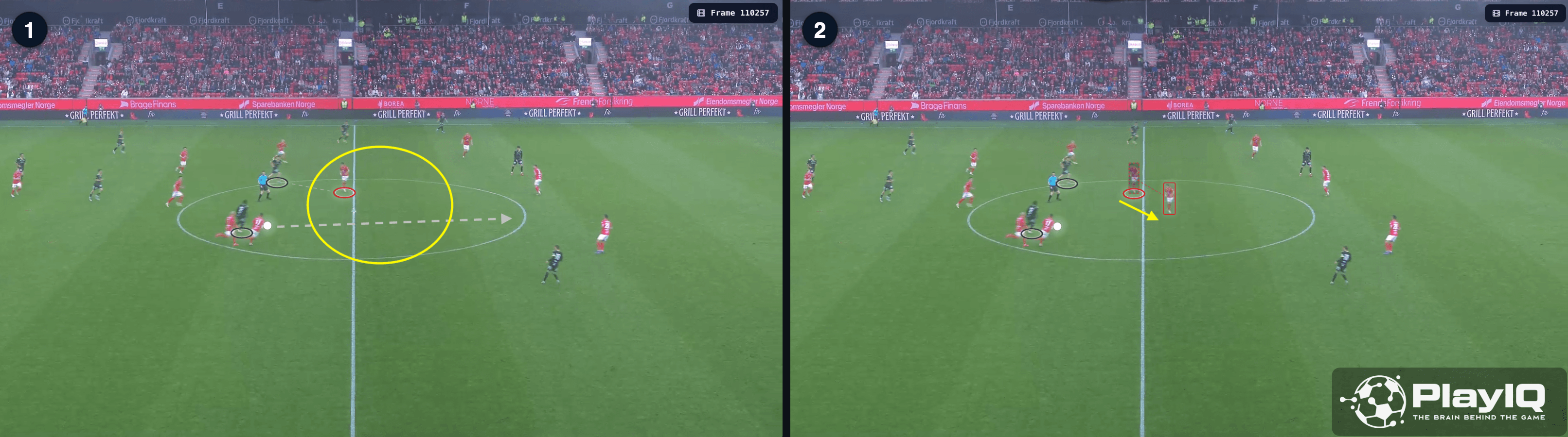 Pitch control analysis showing Niklas Wassberg caught between tracking Victor Halvorsen's run and engaging Niyukuri — leaving both threats unresolved as Sarpsborg drive towards goal